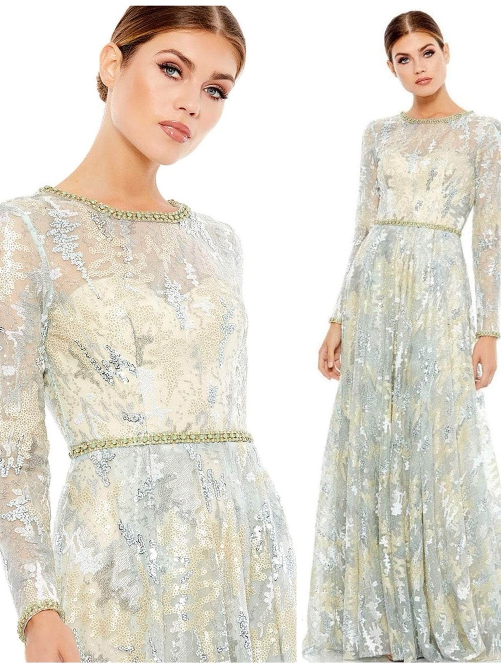 NWT Mac Duggal Long Sleeve Embellished Mesh Gown in Platinum 12460 Sz 8 Wedding